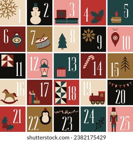 Christmas advent calendar - 25 hand drawn cards is a December countdown calendar vector illustration, christmas eve creative winter set with numbers.