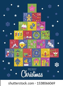 Christmas advent calendar with 25 illustrated days. Xmas day number countdown to holiday celebration. Vintage december daily calender or winter poster with decorative elements.