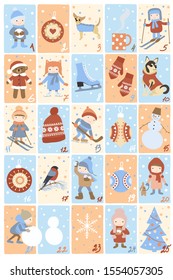 Christmas advent calendar. 25 vector illustrations on the theme of winter holidays. Christmas season.