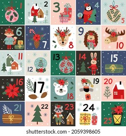 Christmas Advent calendar with animals and other elements