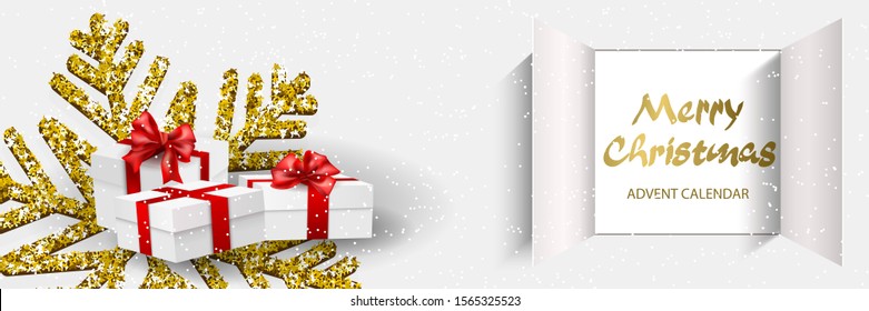 Christmas advent calendar background with realistic white with red ribbon gift surprise, doors open, big golden snowflake and golden letters. Great for horizontal posters, header for website. Vector