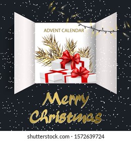 Christmas advent calendar background with realistic white with red ribbon gift surprise, doors open, tree branch and golden letters. Great for horizontal posters, header for website. Vector