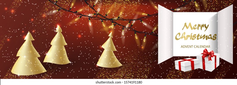 Christmas advent calendar background with realistic white with red ribbon gift surprise, doors open, golden christmas trees and golden letters. Great for horizontal posters, header for website. Vector