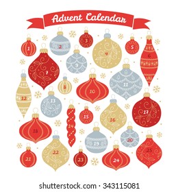 Christmas Advent Calendar with balls and baubles in Red, Gold and Silver