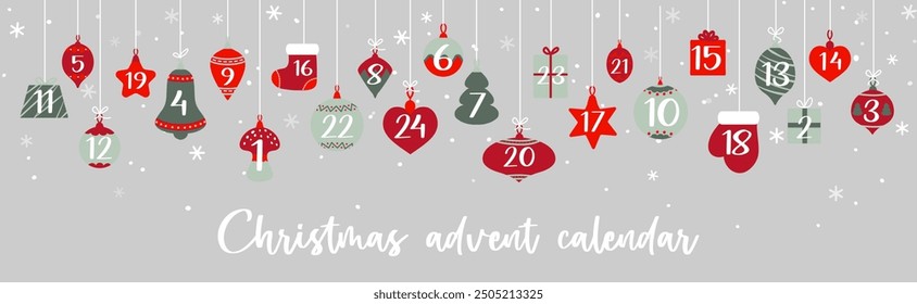 Christmas advent calendar with bauble gifts garland for winter holiday, vector background. Christmas advent calendar with December days, star and sock, tree and gift box or mitten and bell decoration