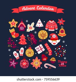 Christmas advent calendar with bell, house, tree, sweater, flower, elf, mittens, star, candy and bell. Perfect for winter holidays