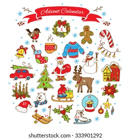 Christmas Advent Calendar. Big collection of Christmas doodles elements. Design set for winter holidays decoration. 