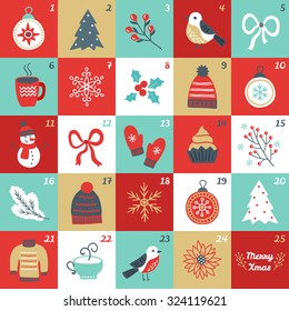 Christmas Advent Calendar with bird, branches, Christmas balls, bow, cup of tea, woolen hat, mittens, cupcake, fir branch, sweater, poinsettia, fir tree, snowman, flower and snowflakes