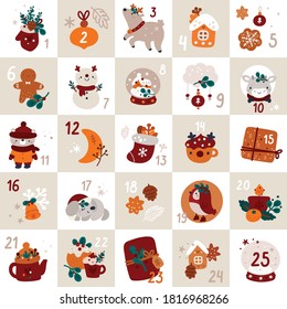 Christmas advent calendar with bull, reindeer, snowman, ginger man, cute baby animals and gifts, hand drawn cartoon style. Illustration with festive decorations and numerals. Christmas theme.