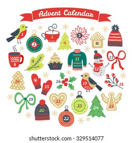 Christmas Advent Calendar with bullfinch, ball, cup of hot drink, fir tree, cookies, woolen hat, branch, cupcake, sweater, snowman, bow, poinsettia, mittens, berries, gingerbread heart and angel