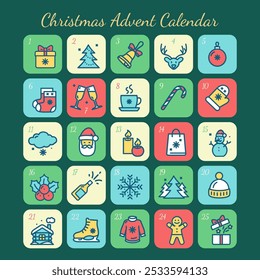 Christmas Advent Calendar Card Banner with Snowman, Candles, Gift and Ball Thin Line Icons. Vector illustration of Xmas Concept