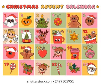 Christmas advent calendar with Cartoon Groovy xmas characters. December retro posters template with holiday elements. Season noel stickers. Vector concept. Hand draw vector style isolated on white