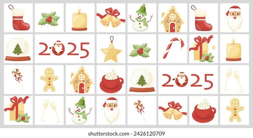 Christmas Advent calendar in cartoon style with festive icons. 2025 .Christmas poster, template, banner with Christmas elements in modern style. Vector flat illustration. Vector illustration