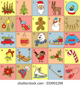 Christmas Advent Calendar.Big collection of Christmas doodles elements. Design set for winter holidays decoration. 