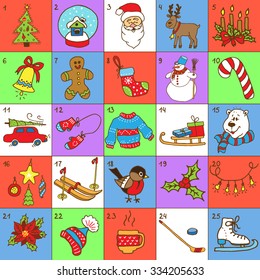 Christmas Advent Calendar.Big collection of Christmas doodles elements. Design set for winter holidays decoration. 