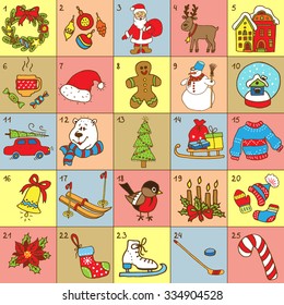 Christmas Advent Calendar.Big collection of Christmas doodles elements. Design set for winter holidays decoration. 