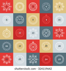 Christmas Advent Calendar. Colorful boxes with frames in linear style. 