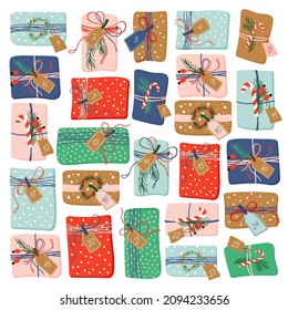 Christmas Advent Calendar. Colorful hand drawn gift boxes with numbers. Collection of Vector illustrations of holiday presents.