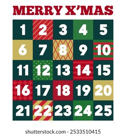 Christmas Advent Calendar with Colorful Numbered Boxes and Festive Patterns Vector Illustration