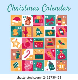 Christmas advent calendar concept. New Year surprises and gifts. Holiday and festival in winter season, Noel Eve. Presents time. Cartoon flat vector illustration isolated on blue background