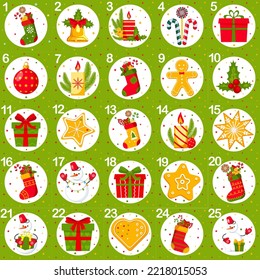 Weihnachtskalender. Countdown bis Weihnachten. Zellen von 1 bis 25. Weihnachtsgeschenke, Süßigkeiten, Kekse, Kerzen, Socken. Grußkarte, Winterurlaubsdekoration. Vektorgrafik