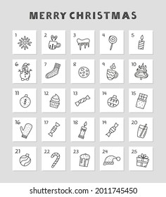 calendario de anticipo de Navidad. Afiche de cuenta regresiva con etiquetas de Navidad. Cuto doodle delinea los elementos de las vacaciones de invierno.
