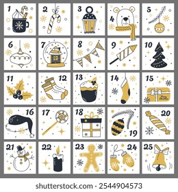 Christmas Advent Calendar. Countdown to Christmas. Numbered poster with different christmas symbols, hand drawn elements and numbers. Winter holidays calendar. Vector illustration