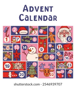 Weihnachtskalender. Countdown bis Weihnachten mit Zahlen. Überraschungskarten. Festliche Doodle Winter Aufkleber. Weihnachtsmann, Tannenbäume, Geschenke, Schneeflocken, Schneemann, Hirsche, Vektorgrafiken.