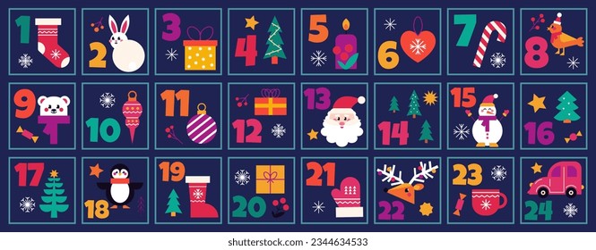 Christmas advent calendar countdown printable numbered poster with xmas elements and symbols, vector illustration.