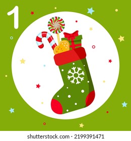 Christmas Advent Calendar. Countdown to Christmas. Window, cell number 1. Christmas traditions, surprise, gift.  Greeting card, frame for New Year. Winter Holiday Decoration. Vector illustration