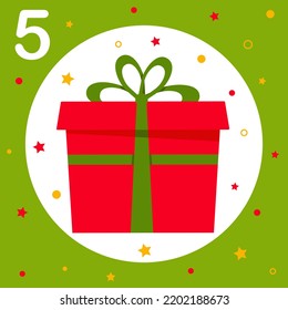 Christmas Advent Calendar. Countdown to Christmas. Window, cell number 5. Red gift box with bow. Greeting card, frame for New Year. Winter Holiday Decoration. Vector illustration