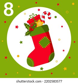 Christmas Advent Calendar. Countdown To Christmas. Window, Cell Number 8. Christmas Sock With Gifts, Sweets. Greeting Card, Frame For New Year. Winter Holiday Decoration. Vector Illustration