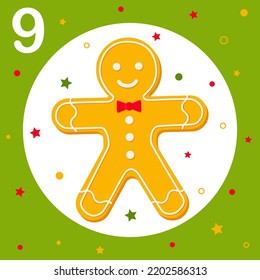 Christmas Advent Calendar. Countdown to Christmas. Window, cell number 9. Gingerbread Man. Christmas treats, pastries. Greeting card, frame for New Year. Winter Holiday Decoration. Vector illustration