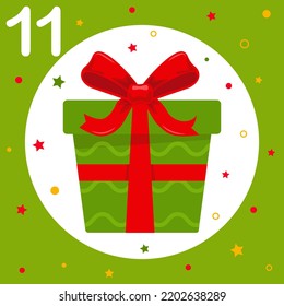 Christmas Advent Calendar. Countdown to Christmas. Window, cell number 11. Green gift box with red bow. Greeting card, frame for New Year. Winter Holiday Decoration. Vector illustration