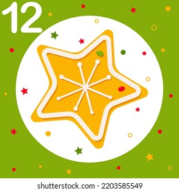 Christmas Advent Calendar. Countdown to Christmas. Window, cell number 12. Ginger cookies, gingerbread. Christmas treats, pastries. Winter Holiday Decoration. Vector illustration