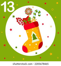 Christmas Advent Calendar. Countdown To Christmas. Window, Cell Number 13. Yellow Christmas Sock, Stocking With Patch. Greeting Card, Frame For New Year. Winter Holiday Decoration. Vector Illustration