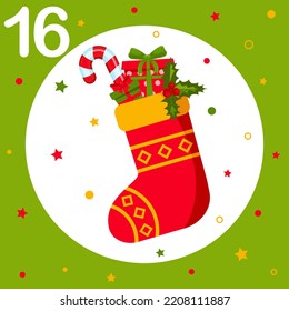 Christmas Advent Calendar. Countdown To Christmas. Window, Cell Number 16. Christmas Sock With Gifts, Sweets. Greeting Card, Frame For New Year. Winter Holiday Decoration. Vector Illustration