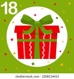 Christmas Advent Calendar. Countdown to Christmas. Window, cell number 18. Red gift box with green bow. Greeting card, frame for New Year. Winter Holiday Decoration. Vector illustration
