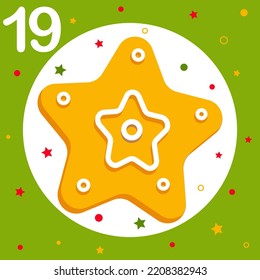 Christmas Advent Calendar. Countdown to Christmas. Window, cell number 19. Ginger cookies with icing, Christmas pastries. Greeting card for New Year. Winter Holiday Decoration. Vector illustration
