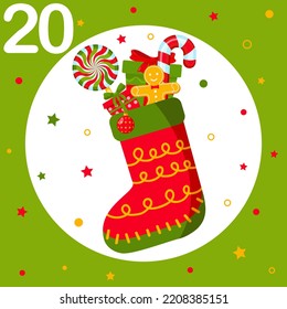 Christmas Advent Calendar. Countdown To Christmas. Window, Cell Number 20. Red Christmas Sock, Stocking With Patch. Greeting Card, Frame For New Year. Winter Holiday Decoration. Vector Illustration