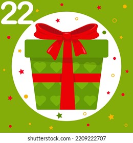 Christmas Advent Calendar. Countdown to Christmas. Window, cell number 22. Green gift box with red bow.  Greeting card, frame for New Year. Winter Holiday Decoration. Vector illustration