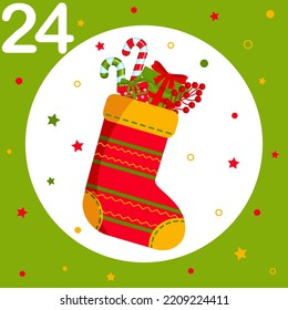 Christmas Advent Calendar. Countdown To Christmas. Window, Cell Number 24. Red Knitted Christmas Sock. Greeting Card, Frame For New Year. Winter Holiday Decoration. Vector Illustration