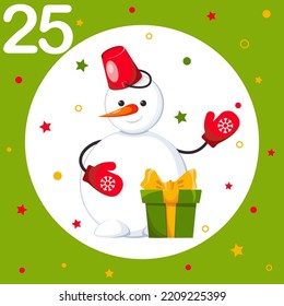 Christmas Advent Calendar. Countdown to Christmas. Window, cell number 25. Cute snowman with gift box. Greeting card, frame for New Year. Winter Holiday Decoration. Vector illustration
