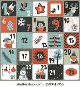 Christmas Advent calendar with cute animals and traditional simbols. Holiday Poster. Vector template