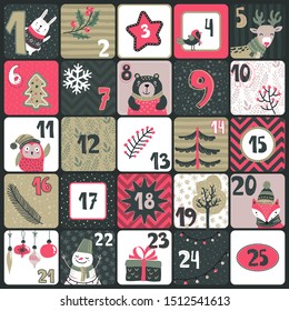 Christmas Advent calendar with cute animals and traditional simbols. Holiday Poster. Vector template