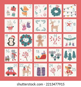 Christmas advent calendar with cute animals and traditional symbols. Vector illustration with winter and christmas elements.