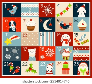 Christmas advent calendar with cute animals and birds. Cozy cartoon Christmas advent calendar in retro style. Set of winter holiday xmas tags with numbers. Vector illustration EPS8