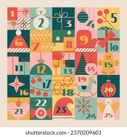 Christmas advent calendar with cute cartoon elements, numbers. Cute winter vector illustration for funny tradition.