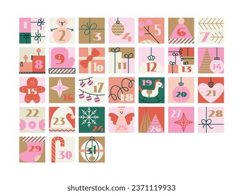 Christmas advent calendar with cute cartoon illustrations, numbers. Simple retro winter vector elements for funny tradition.