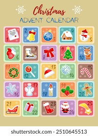 Christmas Advent Calendar with cute cartoon characters and holidays elements. Vector illustration. Flat design.